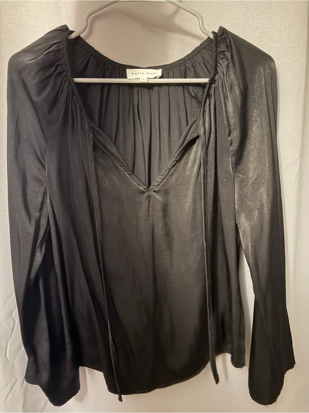 Bella Dahl Black Satin V-Neck Long Sleeve Blouse